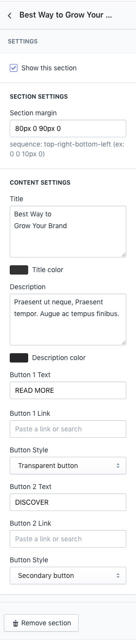 Text and buttons section settings