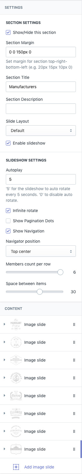 Section Settings - manufacturers