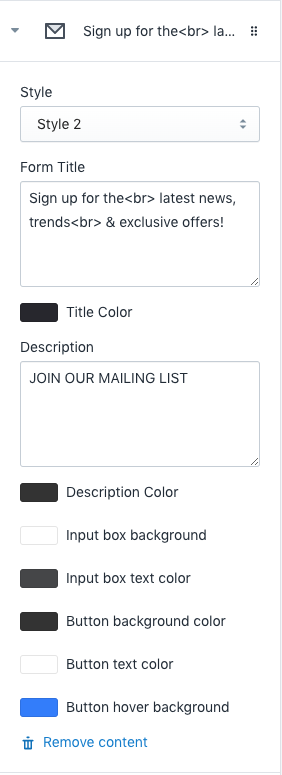 Section Newsletter Form Setting - Section with sidebar 2
