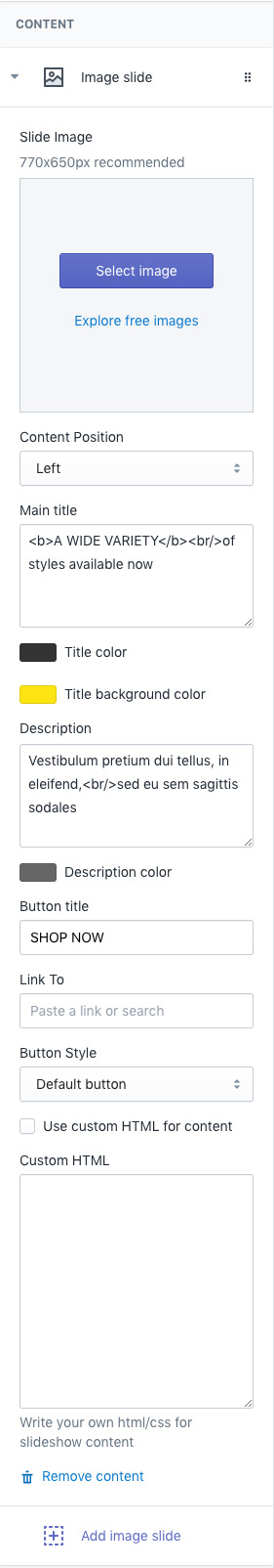 Section Content Setting - Slideshow with banner