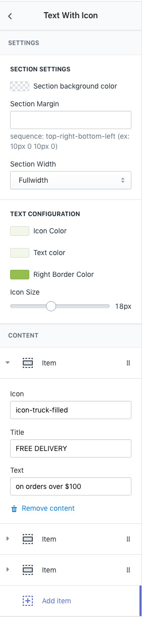 Section Setting - Text with icon
