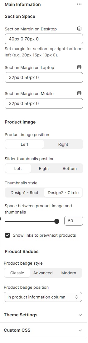 Product page settings