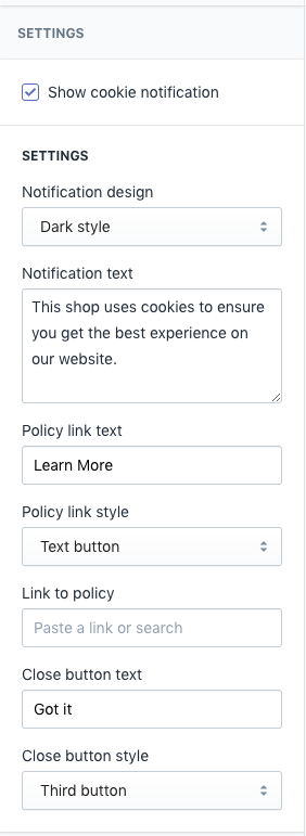 Cookie notification settings