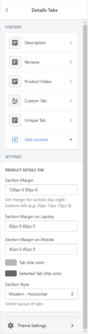 Product details tab settings