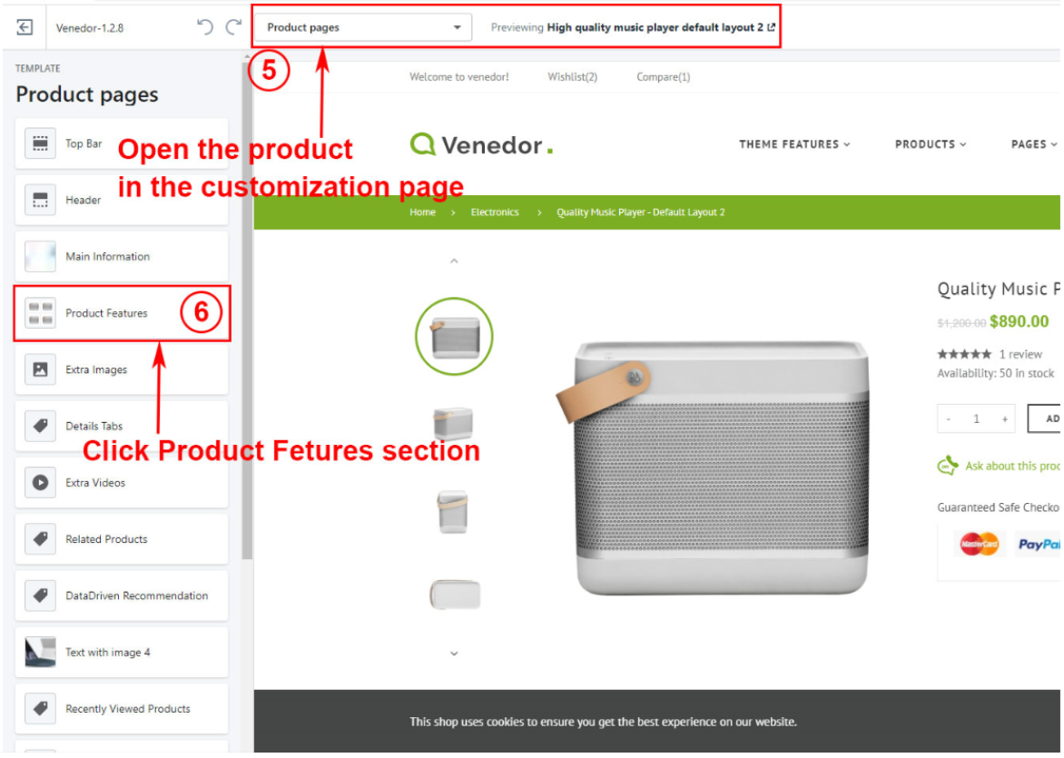 Navigate to product features section settings