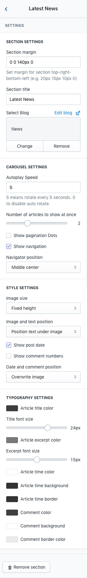 Blog posts section settings