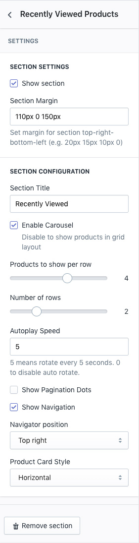 Recently viewed products section settings
