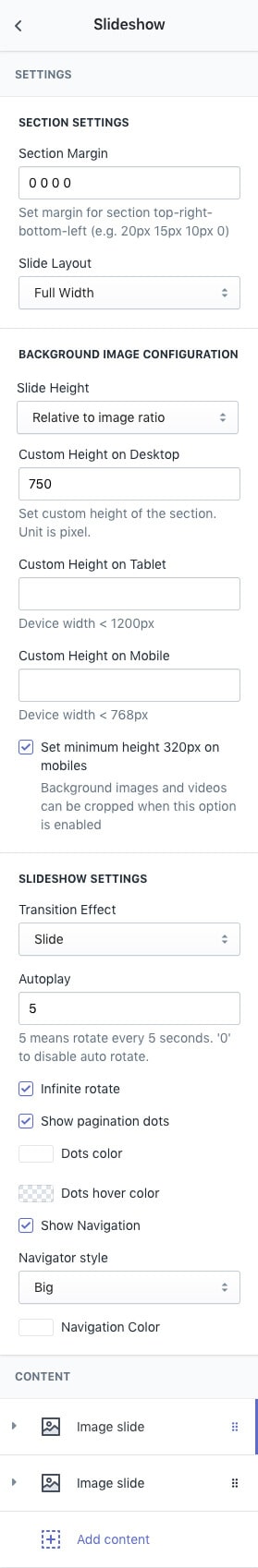 Slideshow section settings