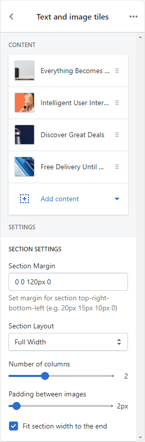 Section Setting - Text and image tiles